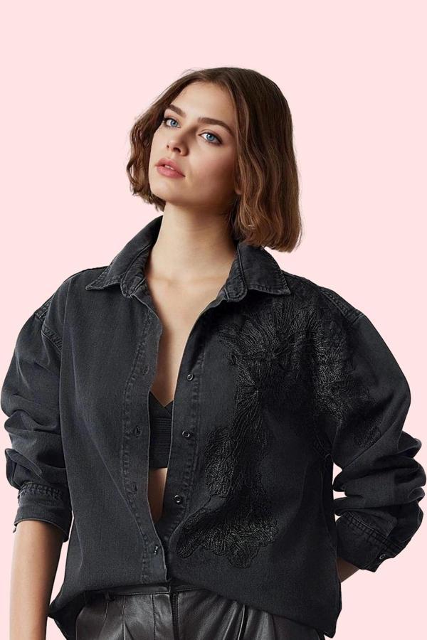Kadın Pamuklu Denim Gömlek Dantel Detaylı Basic Siluet Günlük Ve İş Yaz Aylarının Vazgeçilmezi - Image 1