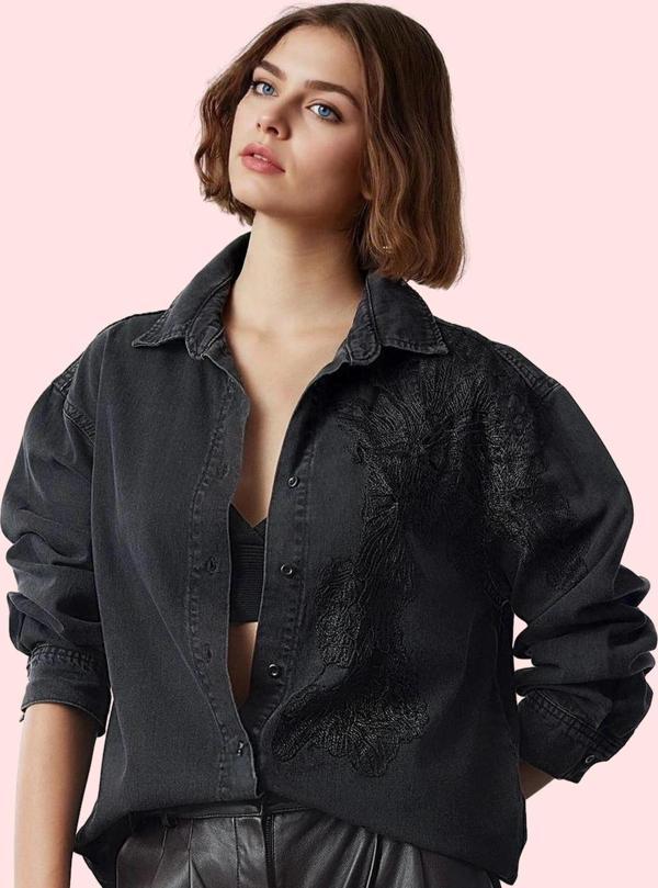 Kadın Pamuklu Denim Gömlek Dantel Detaylı Basic Siluet Günlük Ve İş Yaz Aylarının Vazgeçilmezi - Image 1