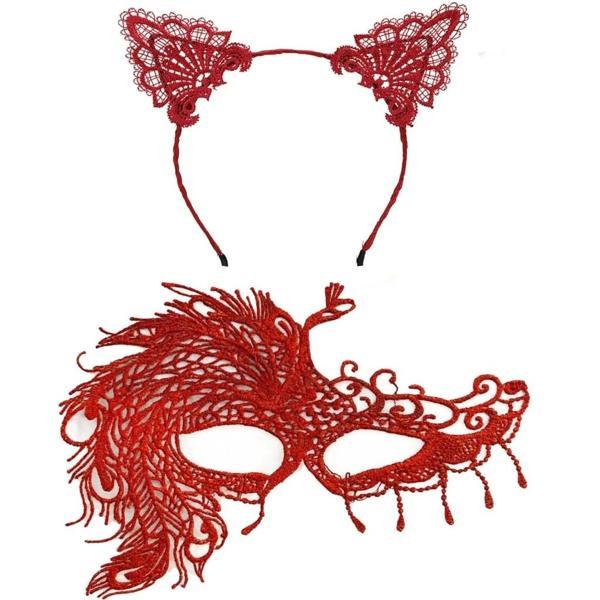 Nessiworld Alevin Zarafeti Kırmızı Dantel Maske ve Taç Seti 4 No – Kadın Kostüm Tamamlayıcı - Image 1