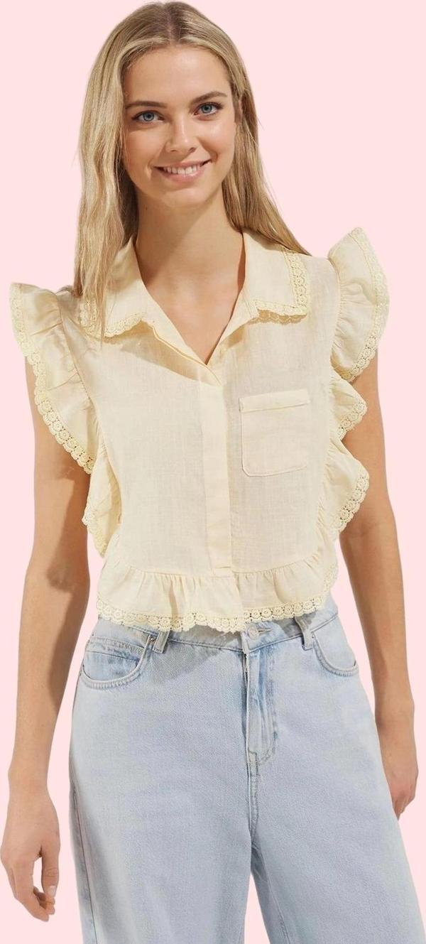 Kadın Pamuk Düz Desenli Kolsuz Crop Bluz Gömlek Yaka Flamlı Yazlık İş Gömleği Günlük Kullanım - Image 1