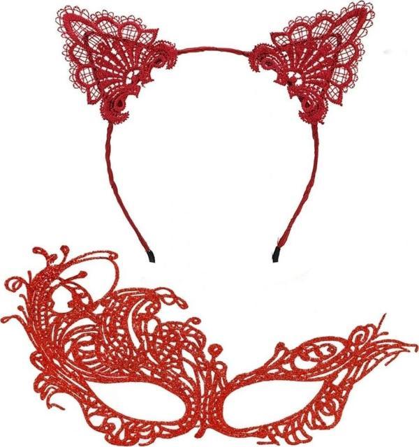 Nessiworld Gizemli Kırmızı Dantel Maske ve Taç Seti 1 No - Kostüm Seti - Image 1