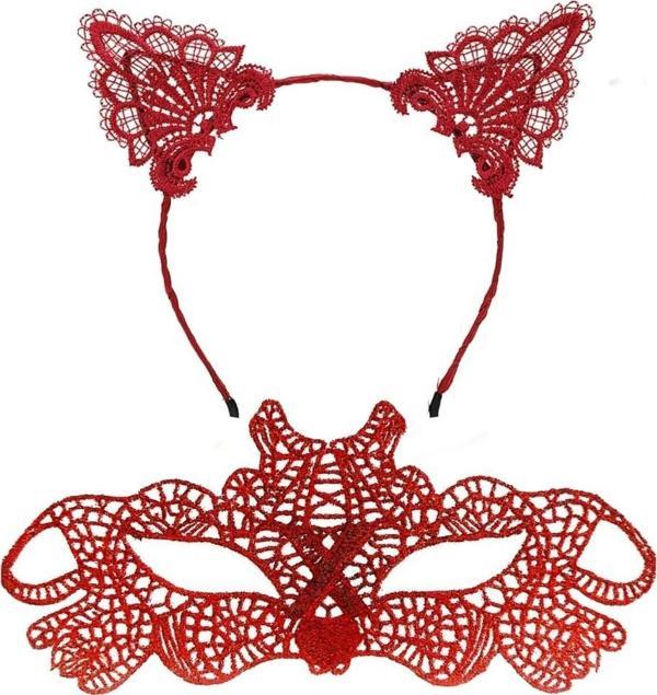 Nessiworld Ateş Kırmızısı Dantel Taç ve Maske Seti 10 No - Maskeli Balo & Özel Gün Seti - Image 1