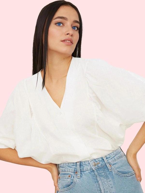 Kadın Pamuklu Regular Gömlek V Yaka Basic Günlük Ve İş Hayatı Hafta Sonu Dayanıklı Malzeme - Image 1