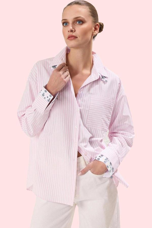 Kadın Pamuklu Çizgili Oversize Gömlek; Rahat Kesim Uzun Kollu Günlük Stil Kaliteli Malzeme - Image 1