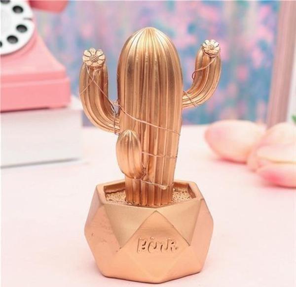 Led Işıklı Sevimli Kaktüs Dekoratif Masa Lambası Mini Biblo Gece Lambası-GOLD - Image 1