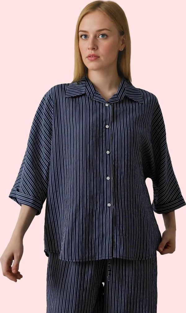 Kadın Basic Regular Boy Çizgili Gömlek Rahat Günlük Kullanım Hafta Sonu Yaz Aylarının Vazgeçilmezi - Image 1