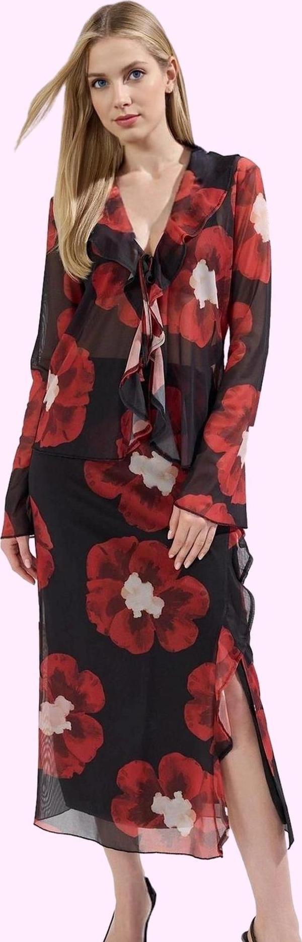 Kadın Yüksek Bel Kalem Tül Etek Çok Çiçek Desenli Yazlık Midi Günlük Yaz Aylarının Vazgeçilmezi - Image 1