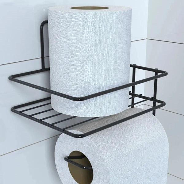 Kendiliğinden Yapışkanlı Tuvalet Kağıdı Tutacağı ve Yedek Raf - Siyah Modern Metal Tasarım - Image 1