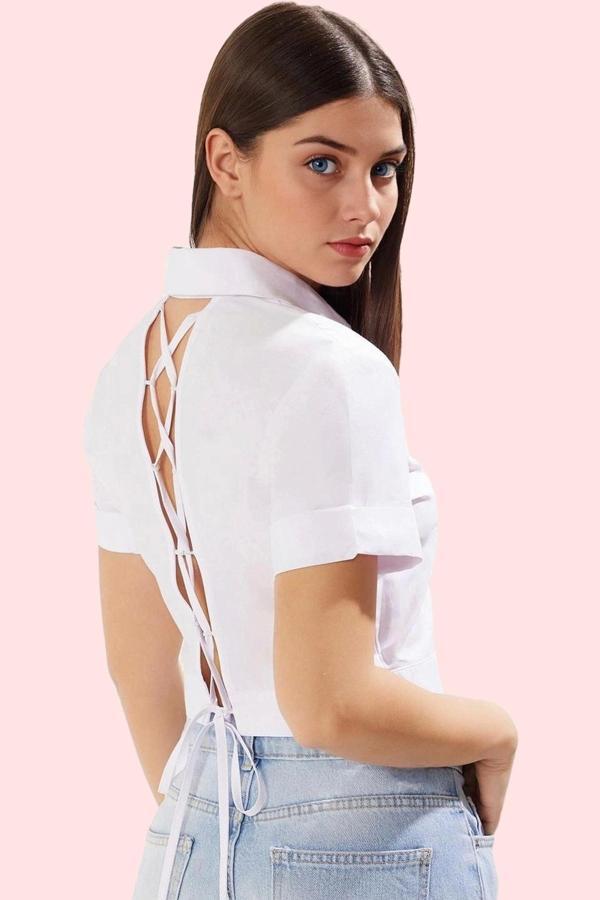 Kadın Düz Dokuma Crop Gömlek Sırt Bağcıklı Fitted Günlük Ve Özel Günler Yaz Aylarının Vazgeçilmezi - Image 1