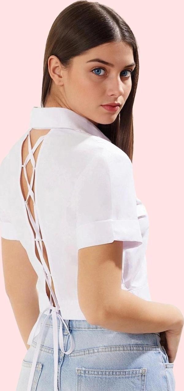 Kadın Düz Dokuma Crop Gömlek Sırt Bağcıklı Fitted Günlük Ve Özel Günler Yaz Aylarının Vazgeçilmezi - Image 1