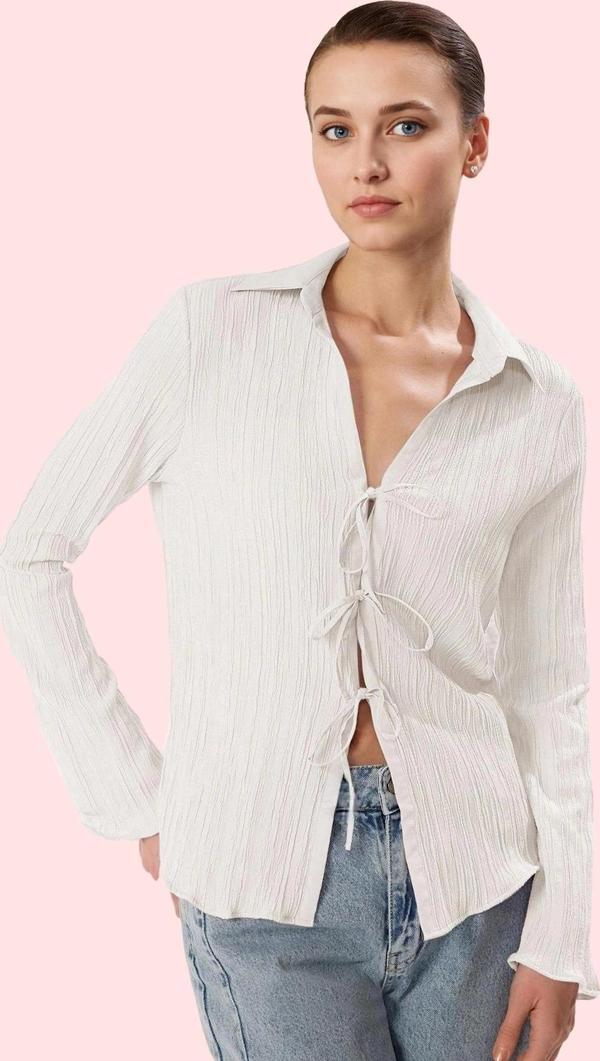 Kadın Uzun Kollu Düz Desenli Crinkle Dokuma Gömlek Günlük Şıklık Yaz Aylarının Vazgeçilmezi - Image 1