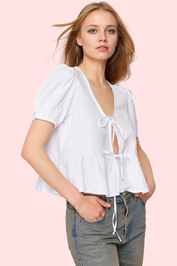 Kadın V Yaka Basic Dokuma Gömlek Kısa Kollu Rahat Günlük Stil Hafta Sonu Dayanıklı Malzeme - Image 1