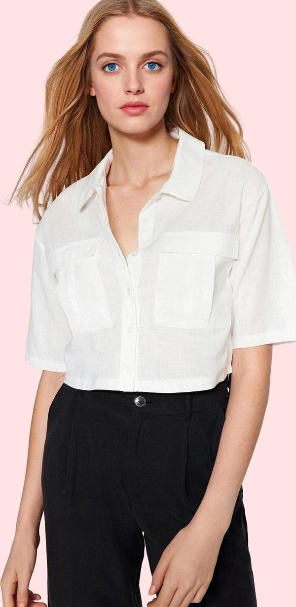 Kadın Dokuma Crop Gömlek Pamuk Günlük Ve Rahat Kombinler İçin Hafta Sonu Dayanıklı Malzeme - Image 1
