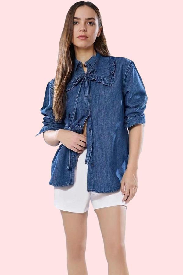 Kadın Pamuk Denim Gömlek Bebe Yaka Bağlama Detaylı Günlük Stil Hafta Sonu Kaliteli Malzeme - Image 1