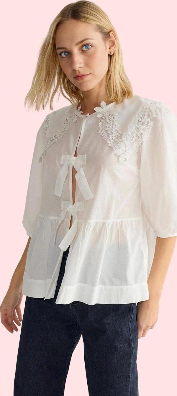 Kadın Pamuklu Yazlık Bluz Düz Desen Gömlek Yaka Truvakar Kol Günlük Kullanım İçin Hafta Sonu - Image 1