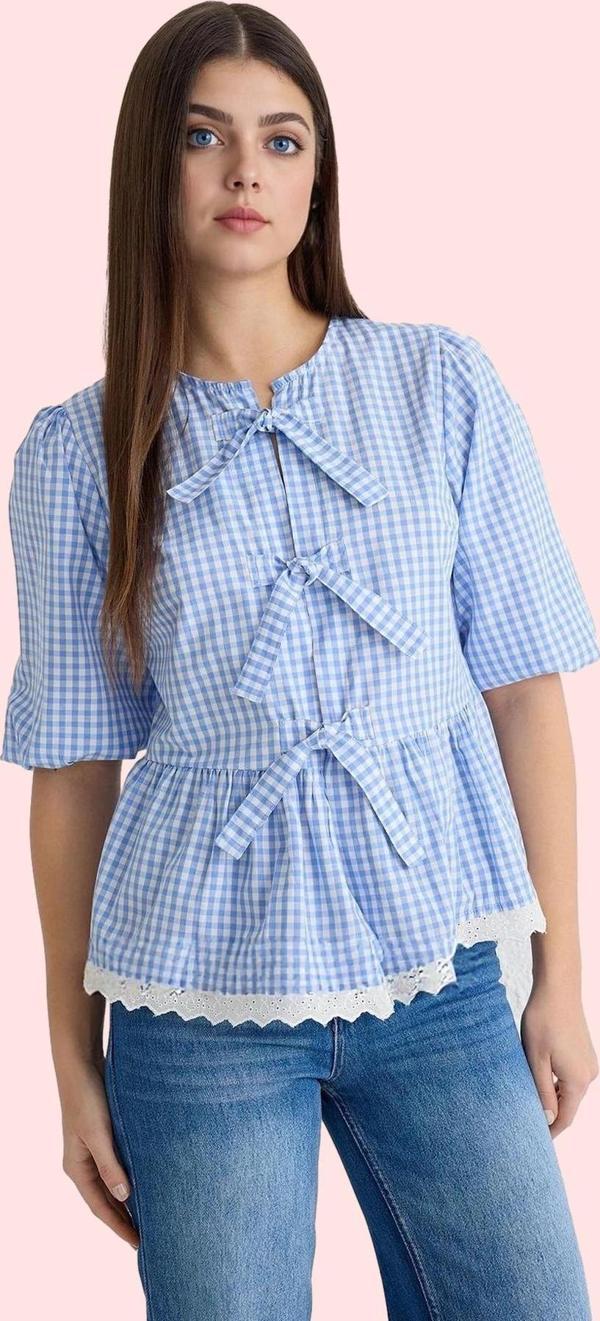 Kadın Ekose Gömlek Bisiklet Yaka Truvakar Kol Rahat Kalıp Yazlık Günlük Tarz Modern Tasarım - Image 1