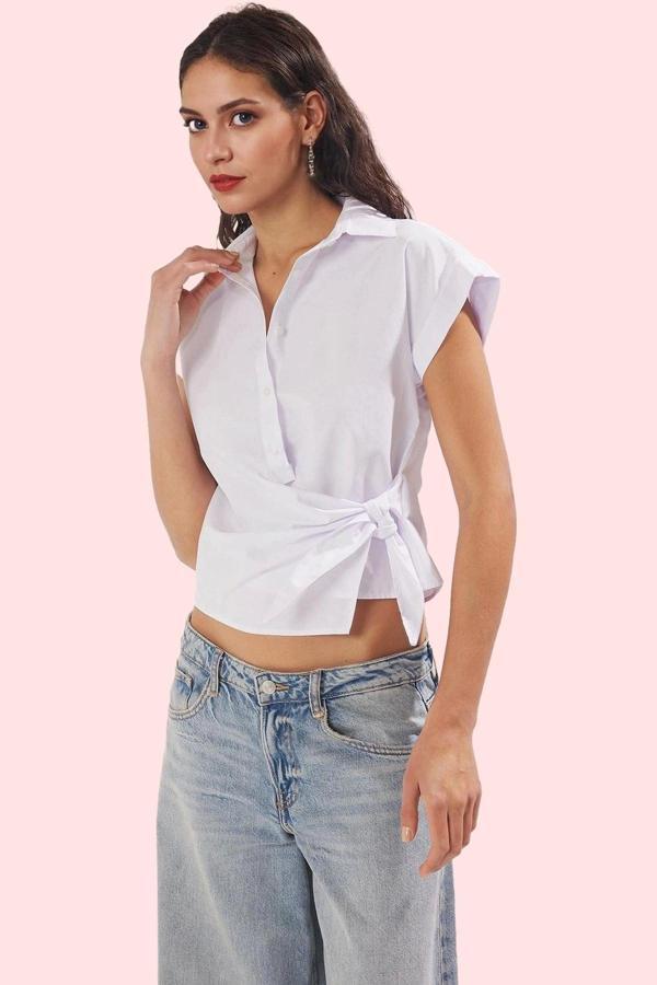 Kadın Düz Desen Kruvaze Kısa Kollu Terrycotton Gömlek İş Ve Günlük Yaz Aylarının Vazgeçilmezi - Image 1