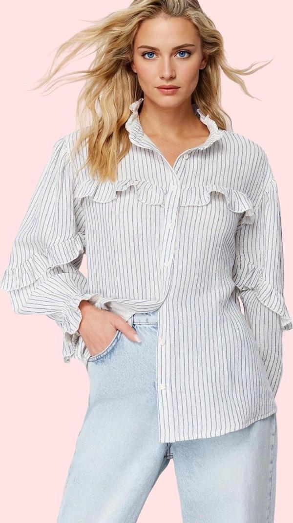 Kadın Pamuklu Çizgili Fırfır Detaylı Gömlek Rahat Kalıp Günlük Şıklık Yaz Aylarının Vazgeçilmezi - Image 1