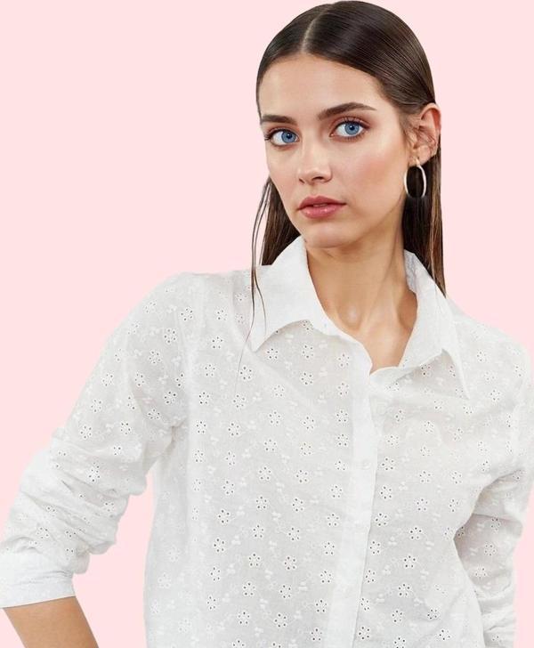 Kadın Crop Basic Gömlek Pamuk Dokuma Kumaş Rahat Günlük Stil Hafta Sonu Yaz Aylarının Vazgeçilmezi - Image 1