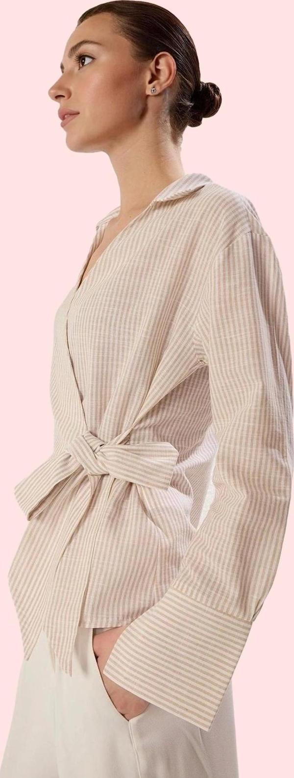 Kadın Çizgili Flamlı Pamuklu Gömlek Yandan Bağlama Uzun Kollu Regular Kalıp Günlük Kullanım - Image 1