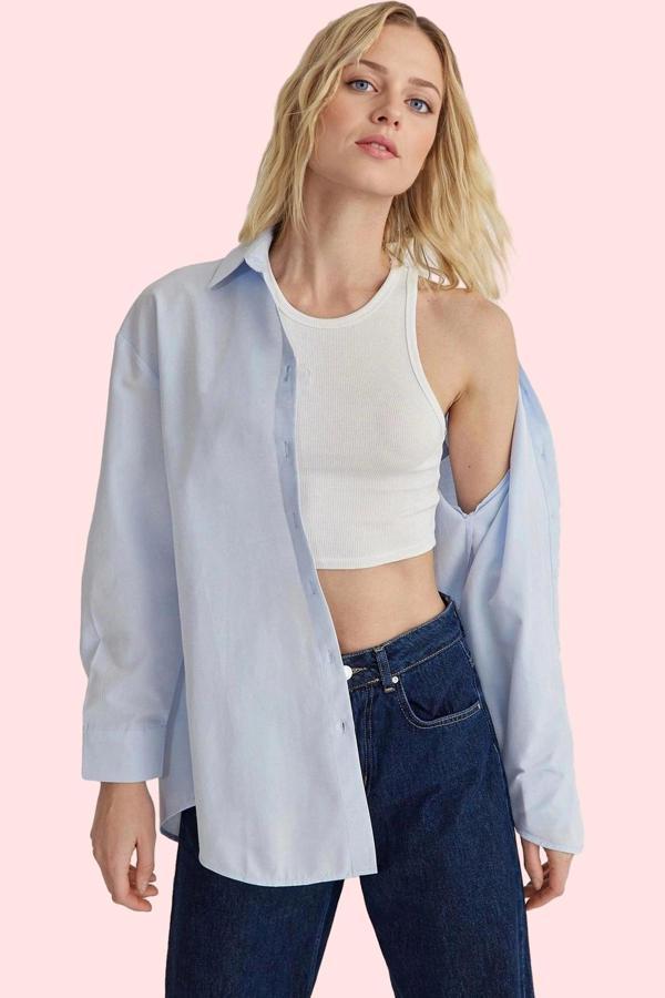 Kadın Dokuma Gömlek Uzun Kollu Yaka Regular Basic Oversize Günlük Yaz Aylarının Vazgeçilmezi - Image 1