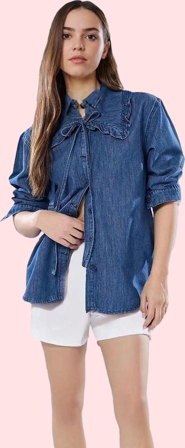 Kadın Pamuk Denim Gömlek Bebe Yaka Bağlama Detaylı Günlük Stil Hafta Sonu Kaliteli Malzeme - Image 1