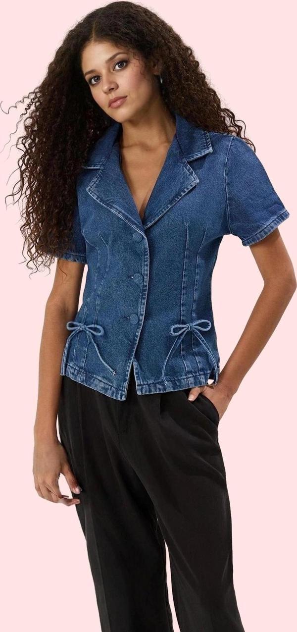 Kadın Denim Gömlek Pamuk Regular Kalıp A Line Günlük Stil Hafta Sonu Yaz Aylarının Vazgeçilmezi - Image 1