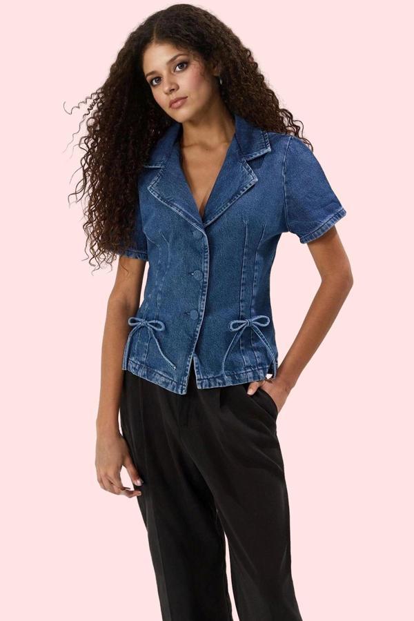 Kadın Denim Gömlek Pamuk Regular Kalıp A Line Günlük Stil Hafta Sonu Yaz Aylarının Vazgeçilmezi - Image 1