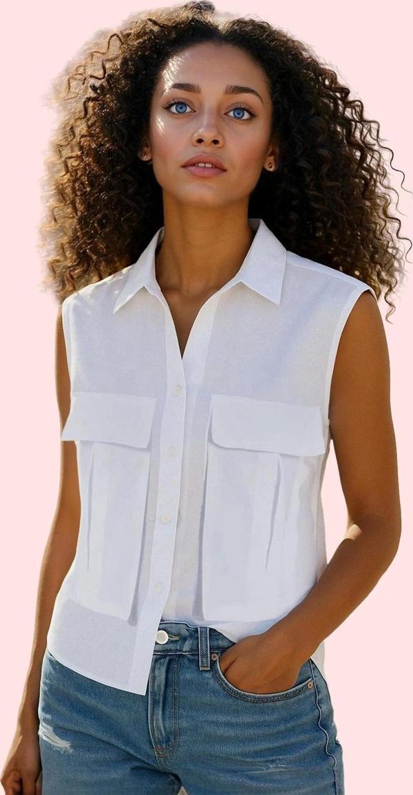 Kadın Pamuklu Regular Kalıp Kolsuz Gömlek Düz Desen Yaz Aylarının Vazgeçilmezi Günlük Kullanım - Image 1