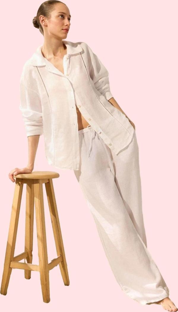 Kadın Yazlık Keten Gömlek Dik Yaka Rahat Günlük Kullanım Hafta Sonu Yaz Aylarının Vazgeçilmezi - Image 1