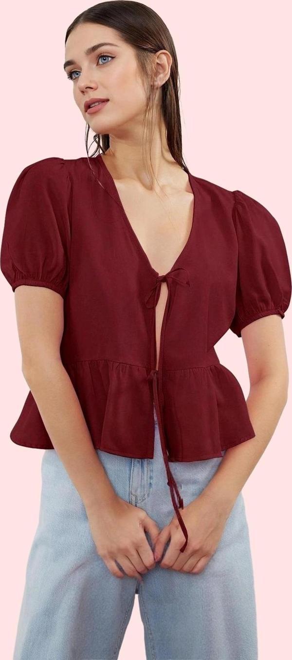 Kadın Terrycotton Kumaş Gömlek V Yaka Kısa Kollu Rahat Kesim Yaz Günlük Kullanım Hafta Sonu - Image 1