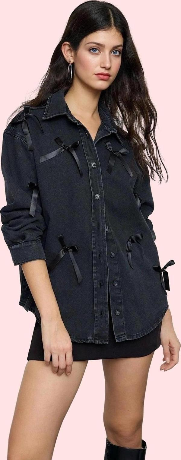 Kadın Pamuklu Denim Gömlek; Fiyonklu Oversize Günlük Kullanım İçin Yaz Aylarının Vazgeçilmezi - Image 1