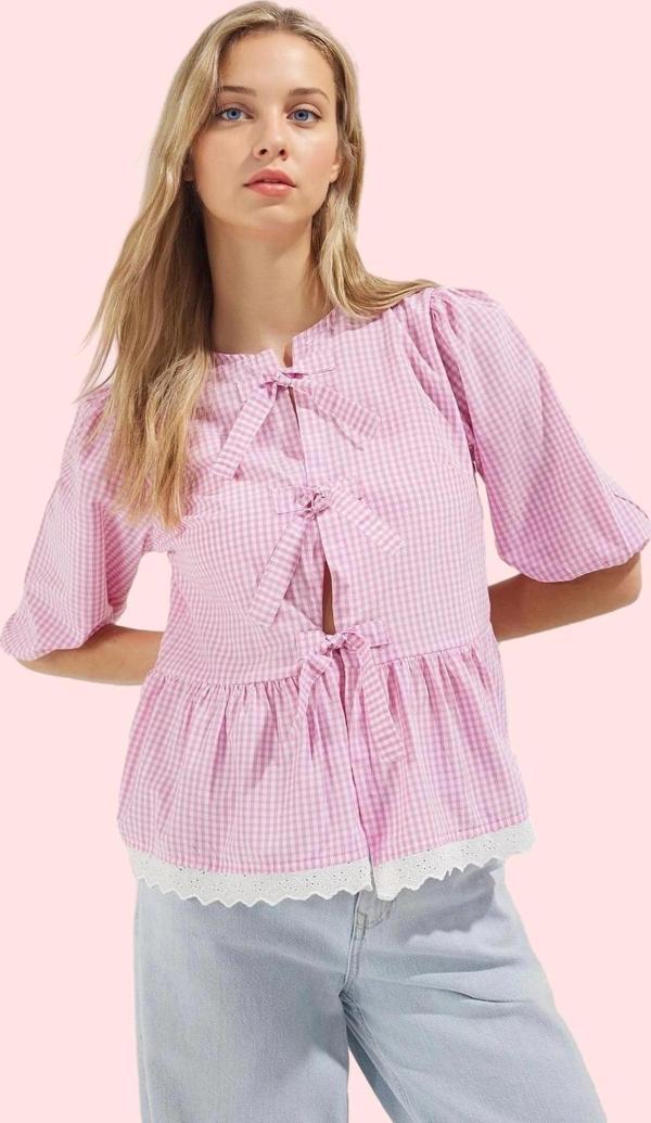 Kadın Ekose Gömlek Bisiklet Yaka Truvakar Kol Rahat Kalıp Yazlık Günlük Tarz Modern Tasarım - Image 1