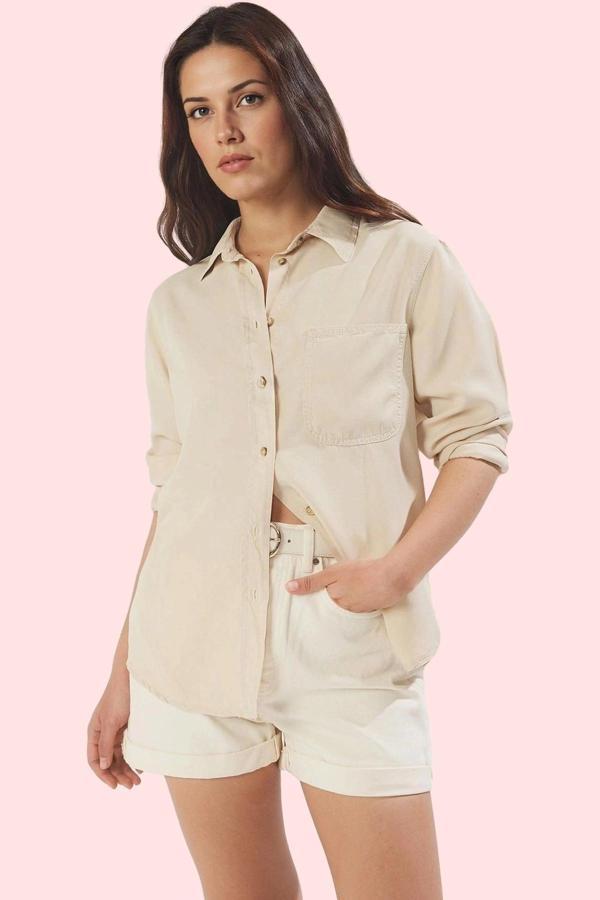 Kadın Liyosel Denim Gömlek Renk Düz Desen Uzun Kollu Günlük Hafta Sonu Yaz Aylarının Vazgeçilmezi - Image 1
