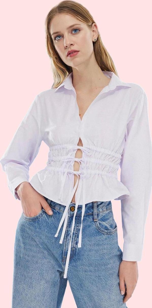 Kadın Bağcıklı Bel Detaylı Gömlek Uzun Kollu Rahat Günlük Hafta Sonu Yaz Aylarının Vazgeçilmezi - Image 1
