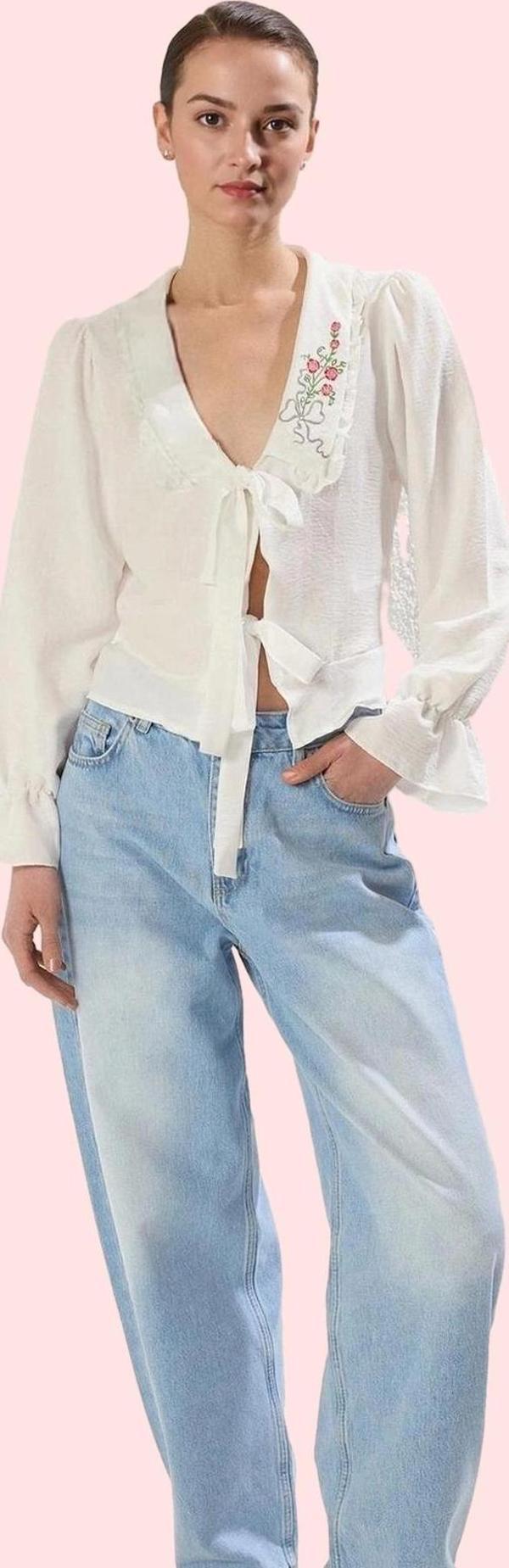 Kadın Önden Bağlamalı Düz Desenli Uzun Kollu Gömlek Günlük Casual Stil Yaz Aylarının Vazgeçilmezi - Image 1