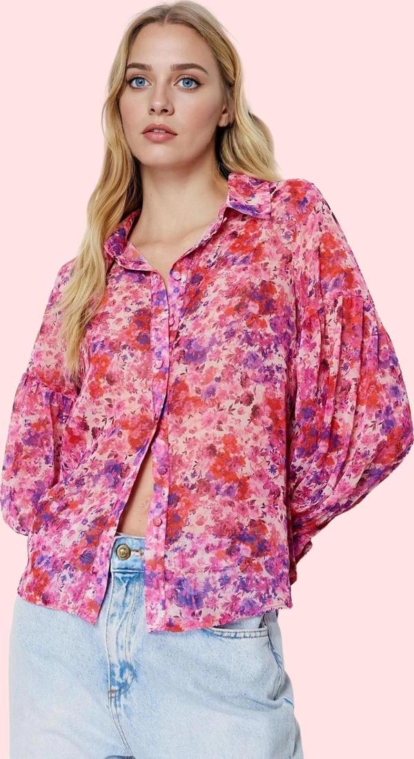 Kadın Şifon Gömlek Çiçek Desenli Balon Kol Günlük Ve İş Hayatı Hafta Sonu Kaliteli Malzeme - Image 1