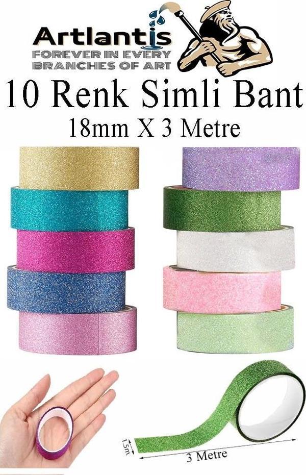 Renkli Simli Bant 10 Adet 1 Paket 10 lu Simli Holgramlı Metalik Hobi Işıltılı Bantı Hediye Dekoratif - Image 1