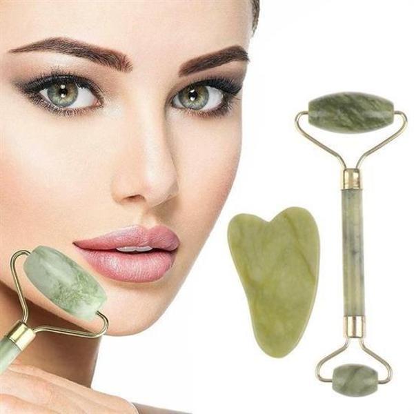 Çift Taraflı 2li Cilt Yüz Masaj Aleti Jade Roller Yeşim  Taşı Seti - Image 1