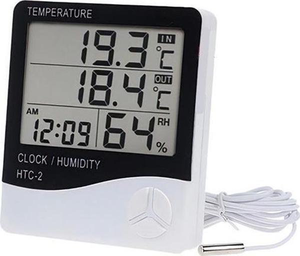 İç ve Dış Ortam Sıcaklığını Ölçebilen LCD Ekran Saat Göstergeli Alarmlı Nem Ölçer Termometre - Image 1
