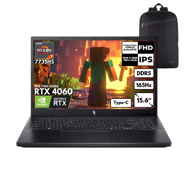 Acer Nitro V15 ANV15-41 Ryzen 7-7735HS 64-GBDDR5 1 TBSSD RTX4060 15.6" Windows 10 Pro + HMF Sırt Çantası NH.QSFEY.001HMF63 - Image 1