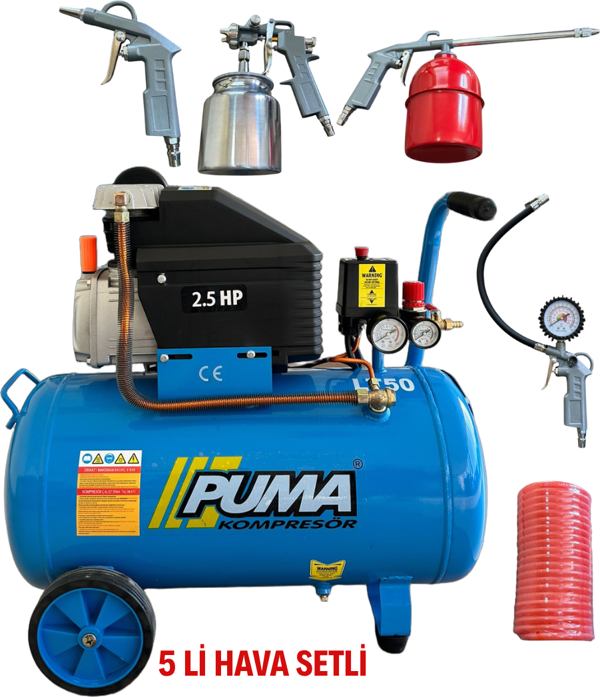 Puma 50 lt KOMPRESÖR 5 Lİ HAVALI SETLİ 2,5 HP YAĞLI HORTUM MAZOT BOYA HAVA LASTİK ŞİŞİRME APARATLARI - Image 1