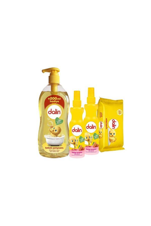 Dalin Bebek Şampuanı 900Ml Kolay Saç Tarama Spreyi Bademli 200 Ml X2 Islak Mendil 56 Lı - Image 1