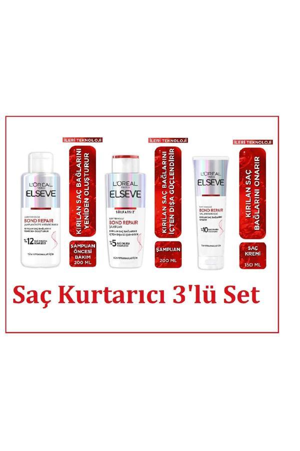 Elseve Bond Repair Saç Bağlarını Güçlendirici Şampuan 200Ml &Saç Krem 150Ml & Serum 200Ml 3'Lü Set - Image 1