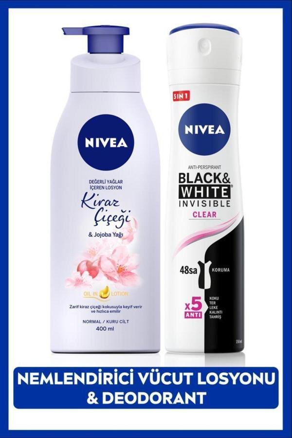 Nivea Kadın Sprey Deodorant Black&White Invisibleclear 150Ml,Kiraz Çiçeği Nemlendirici Vücut Losyonu 400Ml - Image 1