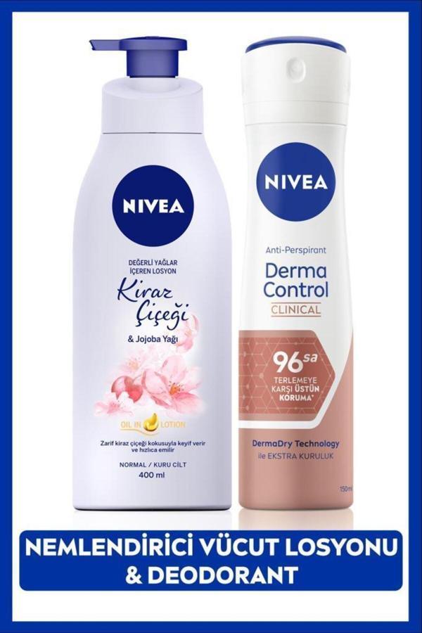 Nivea Kadın Sprey Deodorant Derma Control Clinical 150Ml, Kiraz Çiçeği Nemlendirici Vücut Losyonu 400Ml - Image 1
