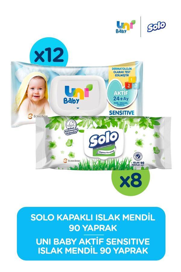 Uni Baby & Solo Islak Mendil Seti (Solo Islak Mendil 8*90 Aktif Sensitive 12*90 - Image 1
