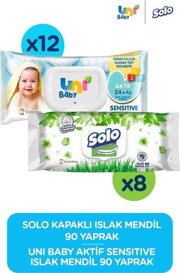 Uni Baby & Solo Islak Mendil Seti (Solo Islak Mendil 8*90 Aktif Sensitive 12*90 - Image 1
