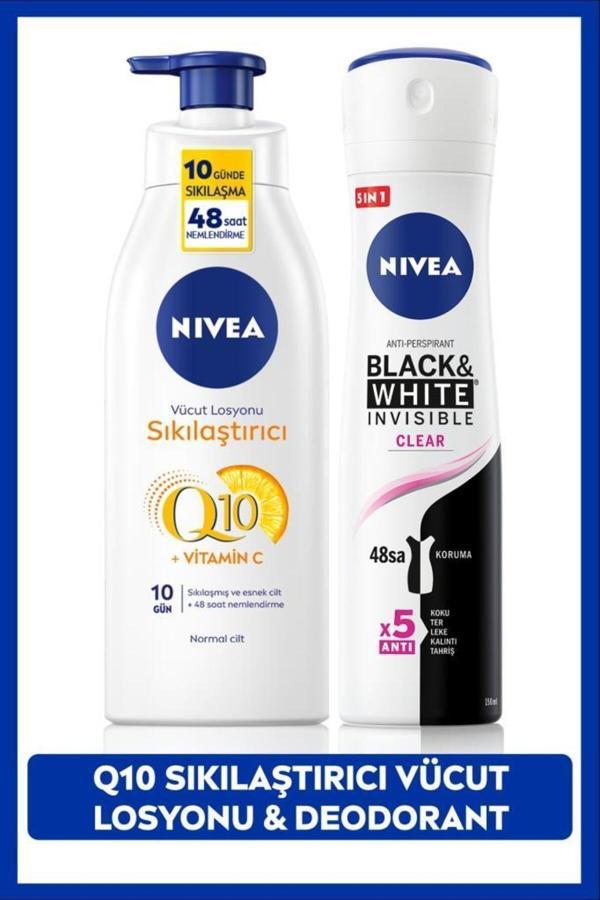 Nivea Kadın Sprey Deodorant Black&White Clear 150Ml, Q10 Sıkılaştırıcı Ve Nemlendirici Vücut Losyonu 400Ml - Image 1