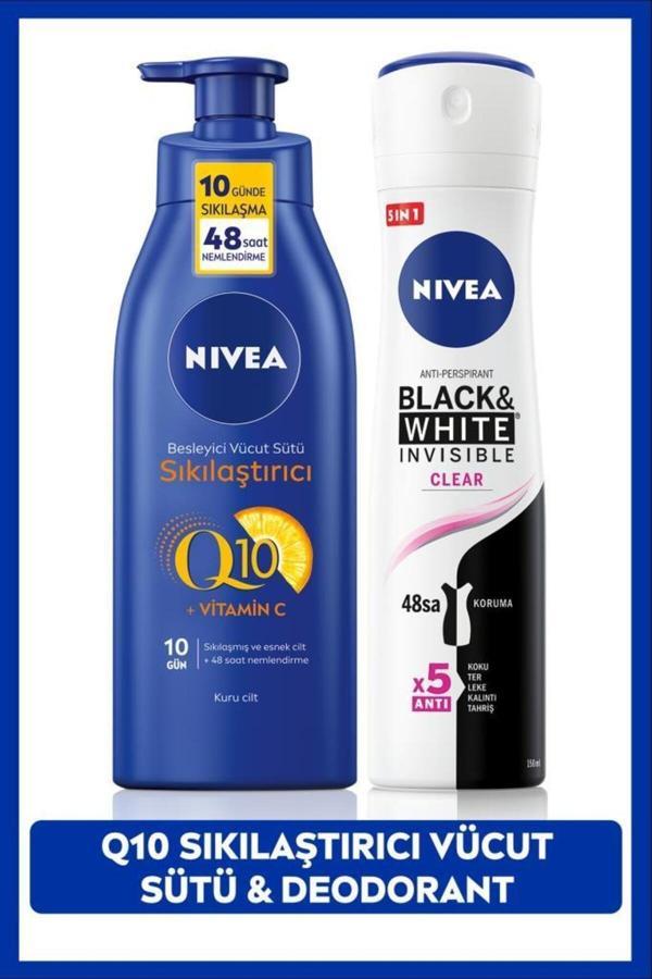 Nivea Kadın Sprey Deodorant Black&White Clear 150Ml, Q10 Sıkılaştırıcı Ve Nemlendirici Vücut Sütü 400Ml - Image 1